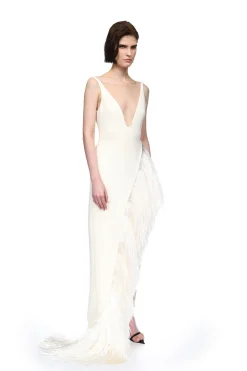 RAFFIA FRINGE ASYMMETRIC HEM GOWN