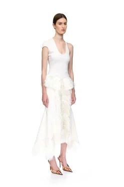 RAFFIA FRINGE TRIM AND BOUCLE MIDI SKIRT