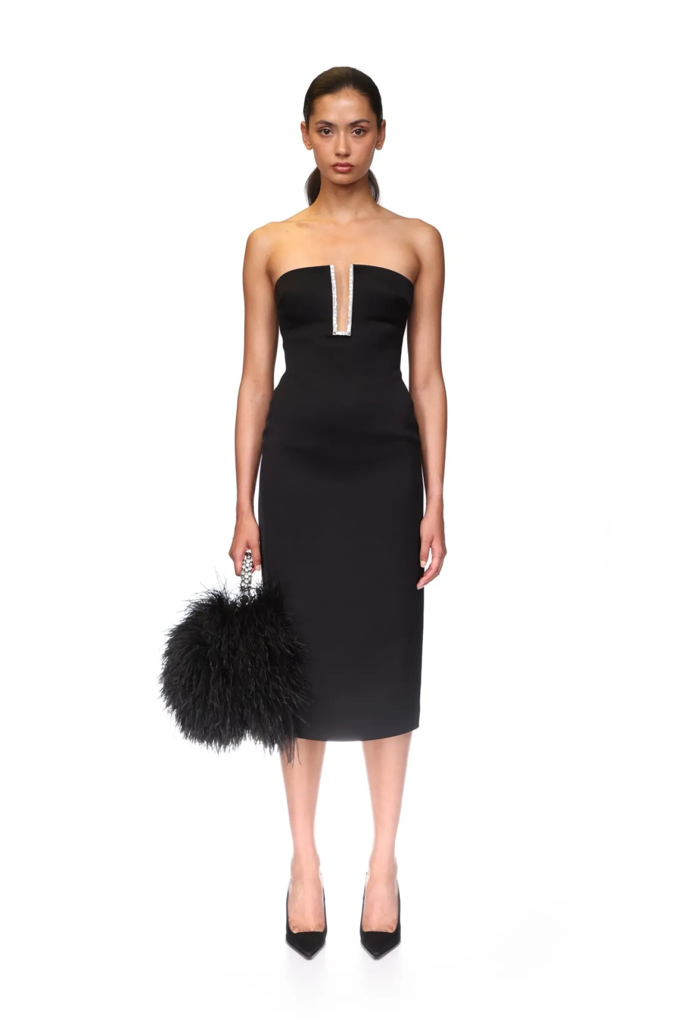 RECTANGLE CRYSTAL EMBROIDERY DETAIL MIDI DRESS