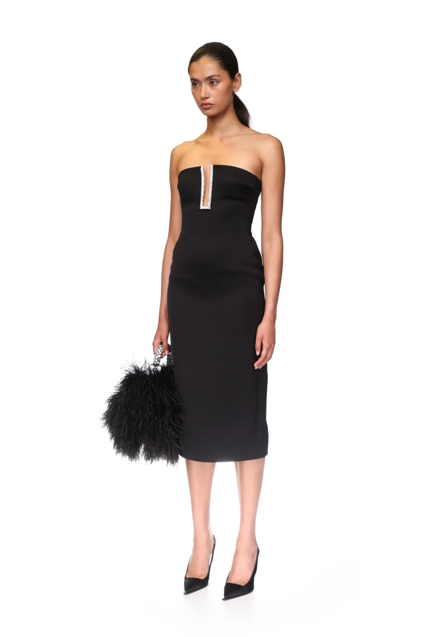 RECTANGLE CRYSTAL EMBROIDERY DETAIL MIDI DRESS