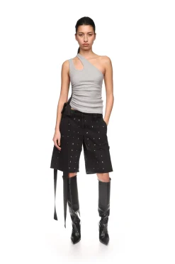 RHINESTONE CRYSTAL EMBROIDERY DENIM SHORTS