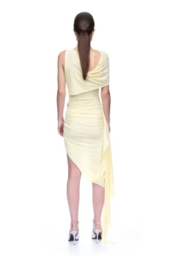 RUCHED ASYMMETRIC MIDI DRESS WITH CRYSTAL HUMMINGBIRD