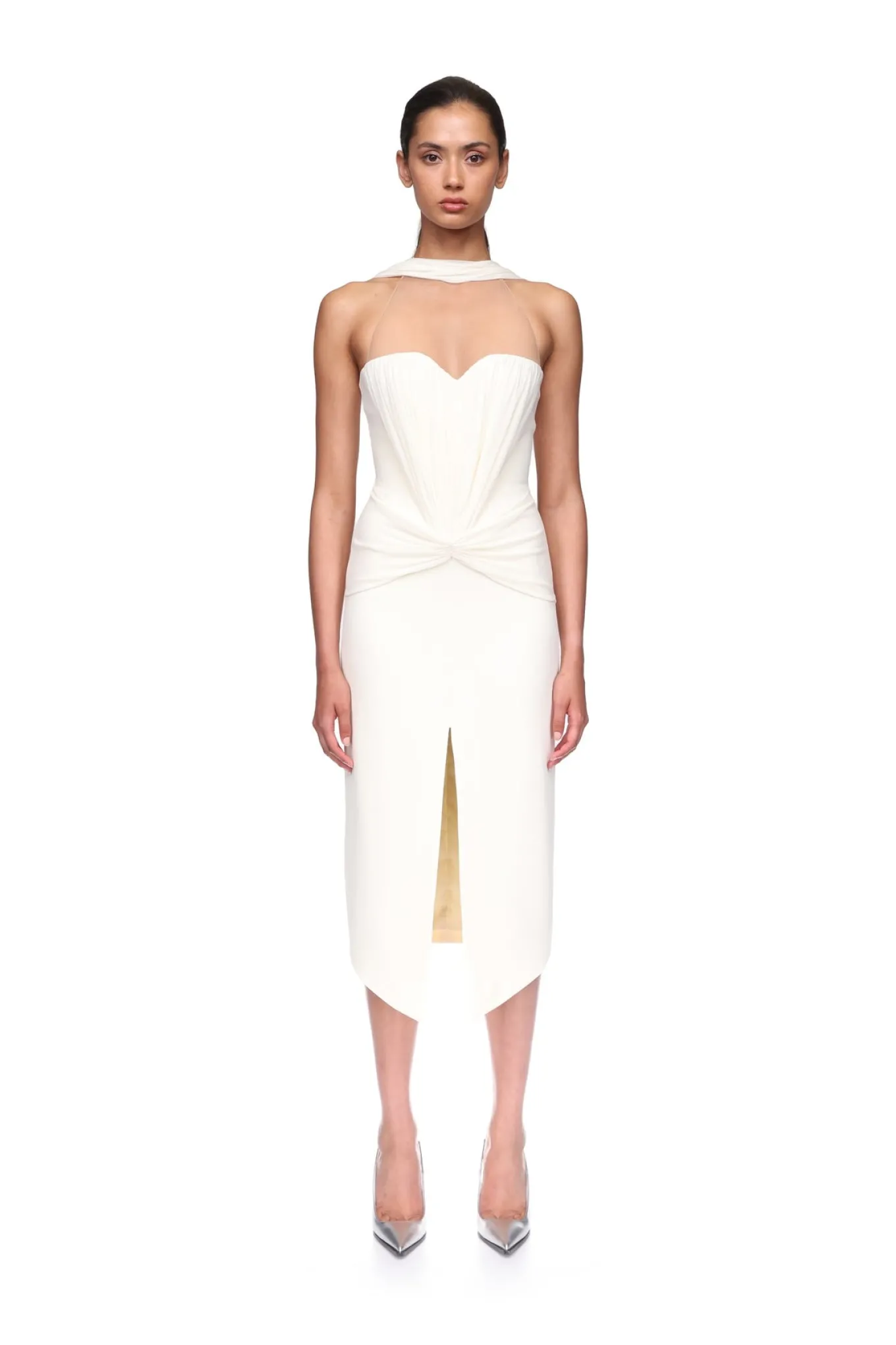 RUCHED TOP AND SCARF DETAIL MIDI DRESS