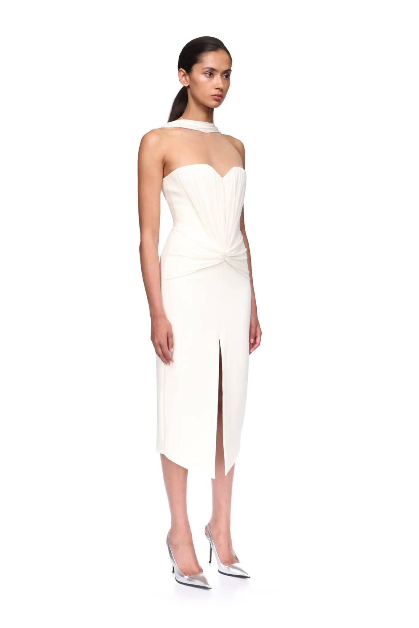 RUCHED TOP AND SCARF DETAIL MIDI DRESS