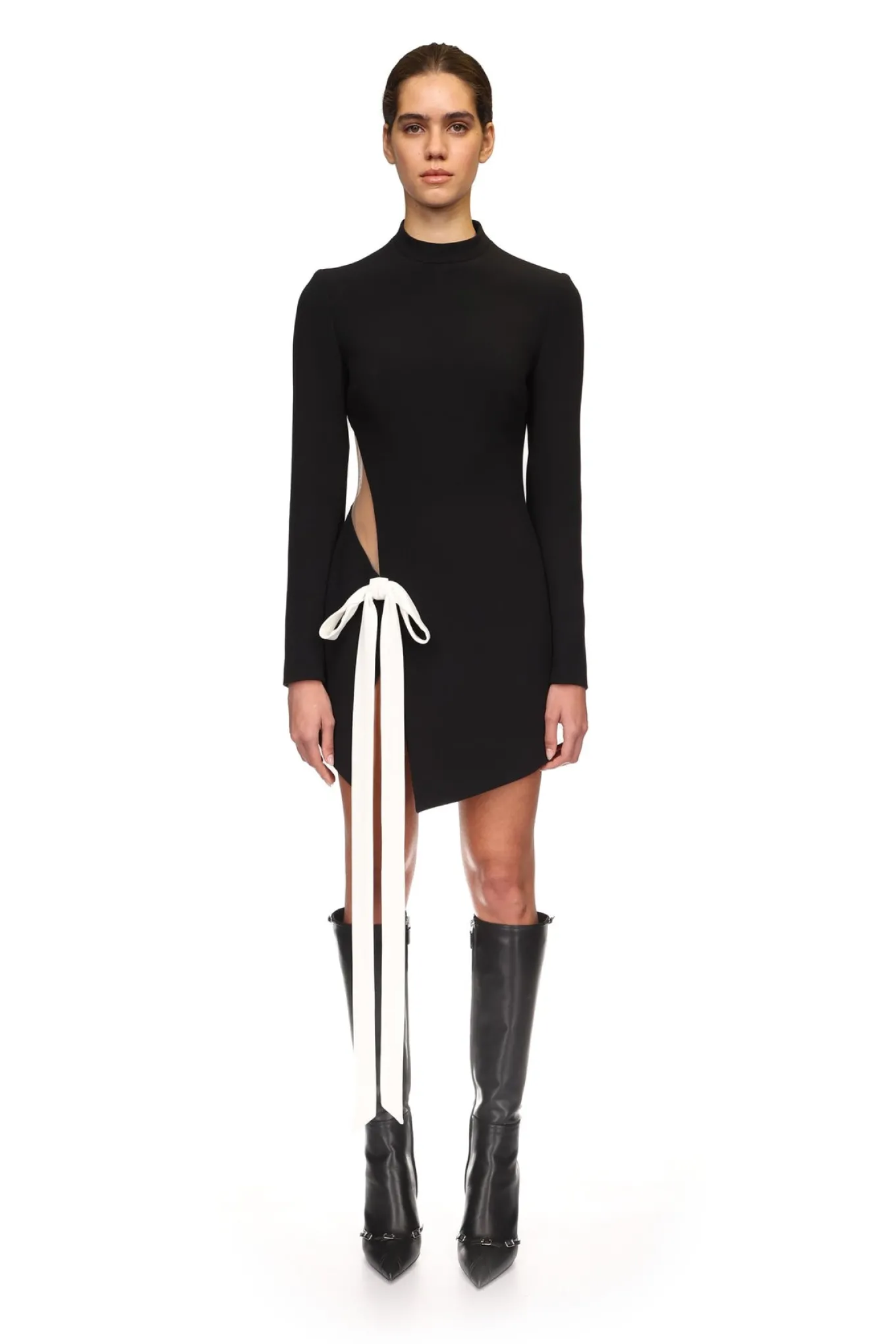 SATIN BOW AND LONG SLEEVE MINI DRESS