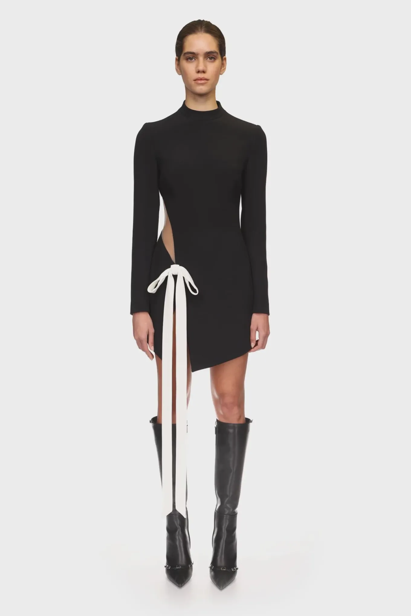 SATIN BOW AND LONG SLEEVE MINI DRESS