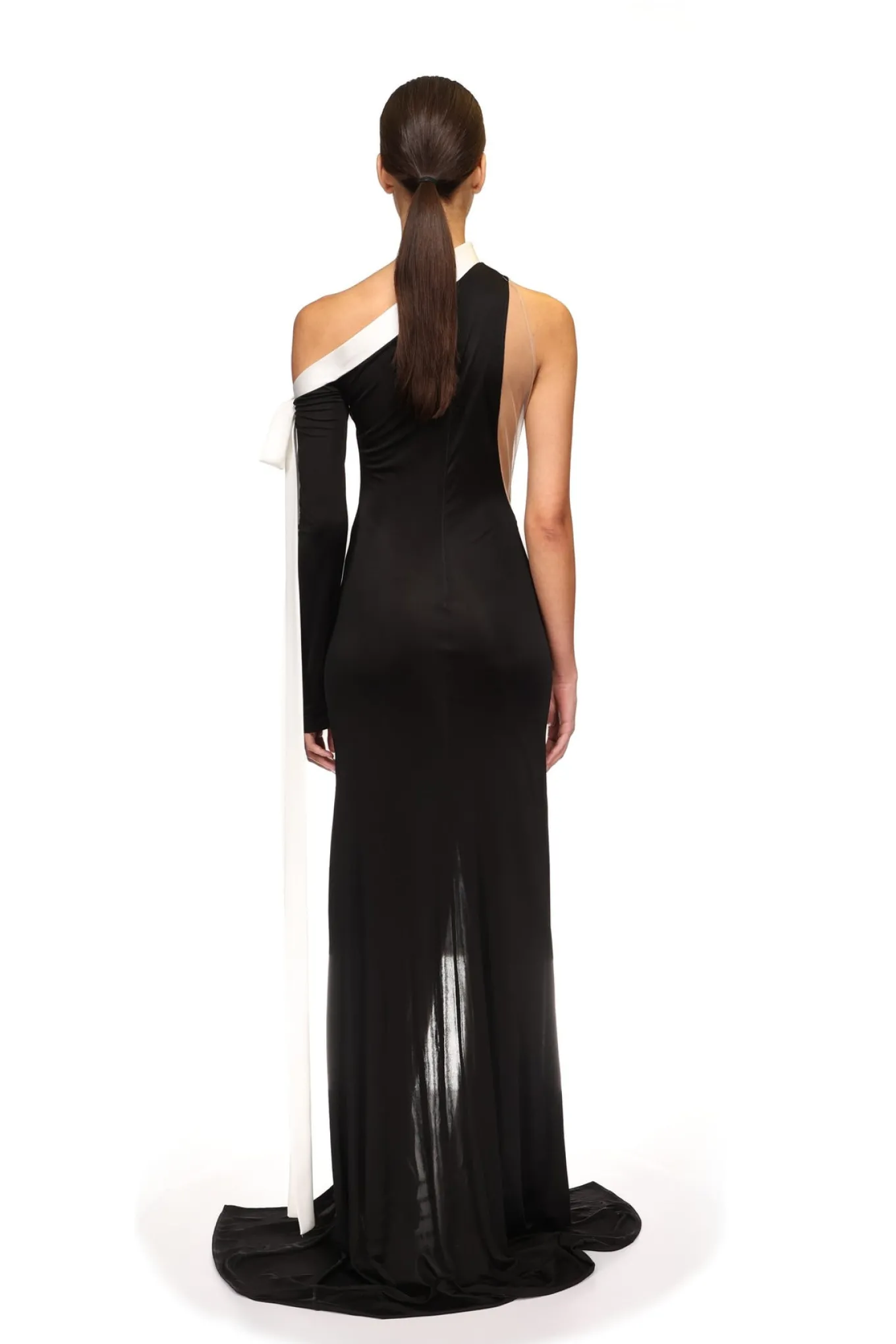 SATIN BOW AND ONE SLEEVE GOWN