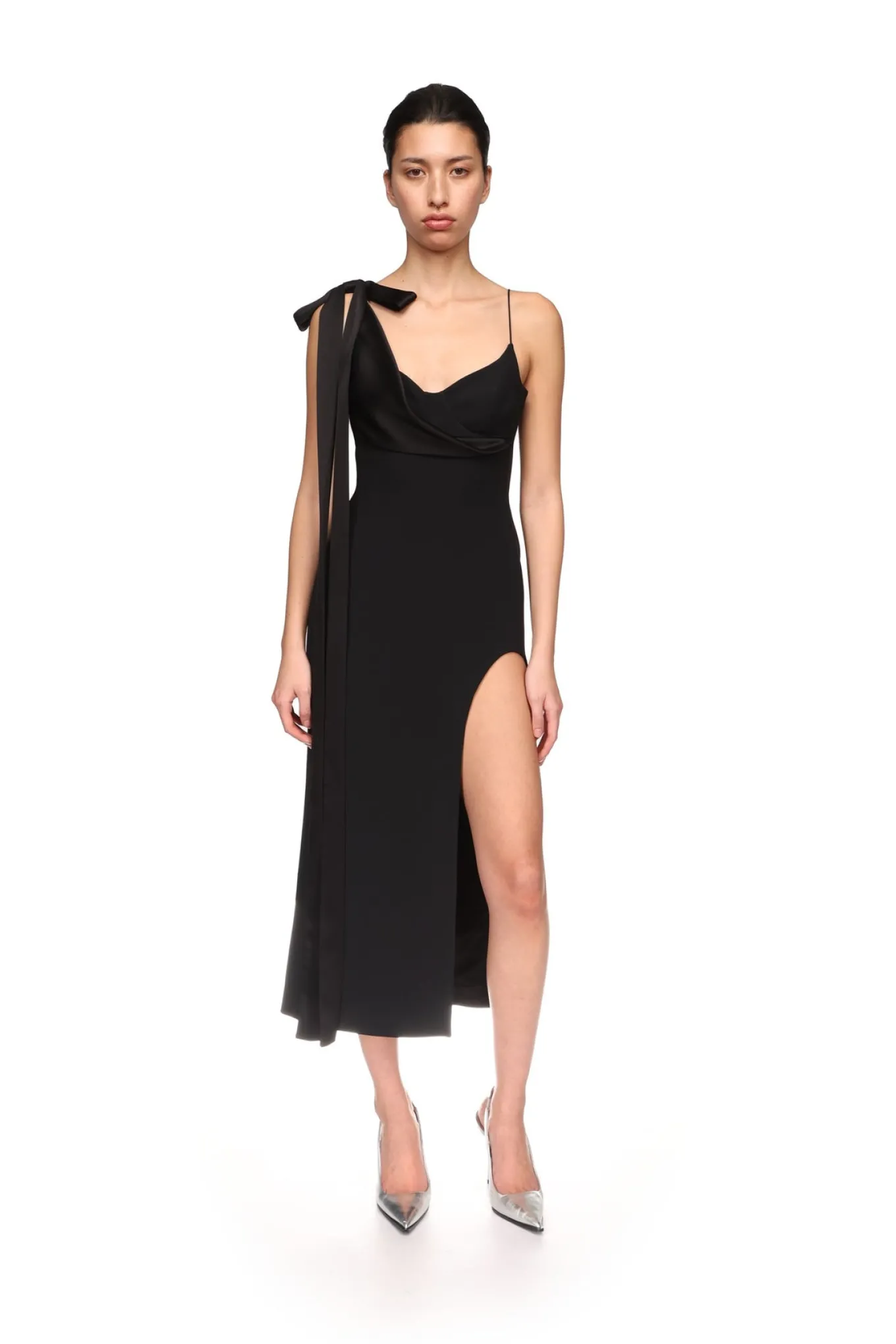 SATIN BOW AND OPEN LEG MIDI DRESS