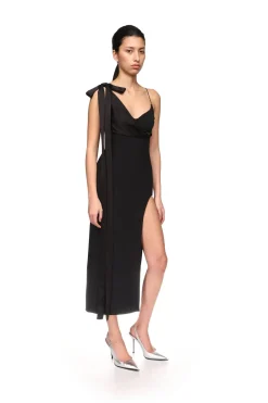 SATIN BOW AND OPEN LEG MIDI DRESS