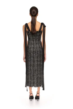 SATIN BOW AND TWEED MIDI DRESS