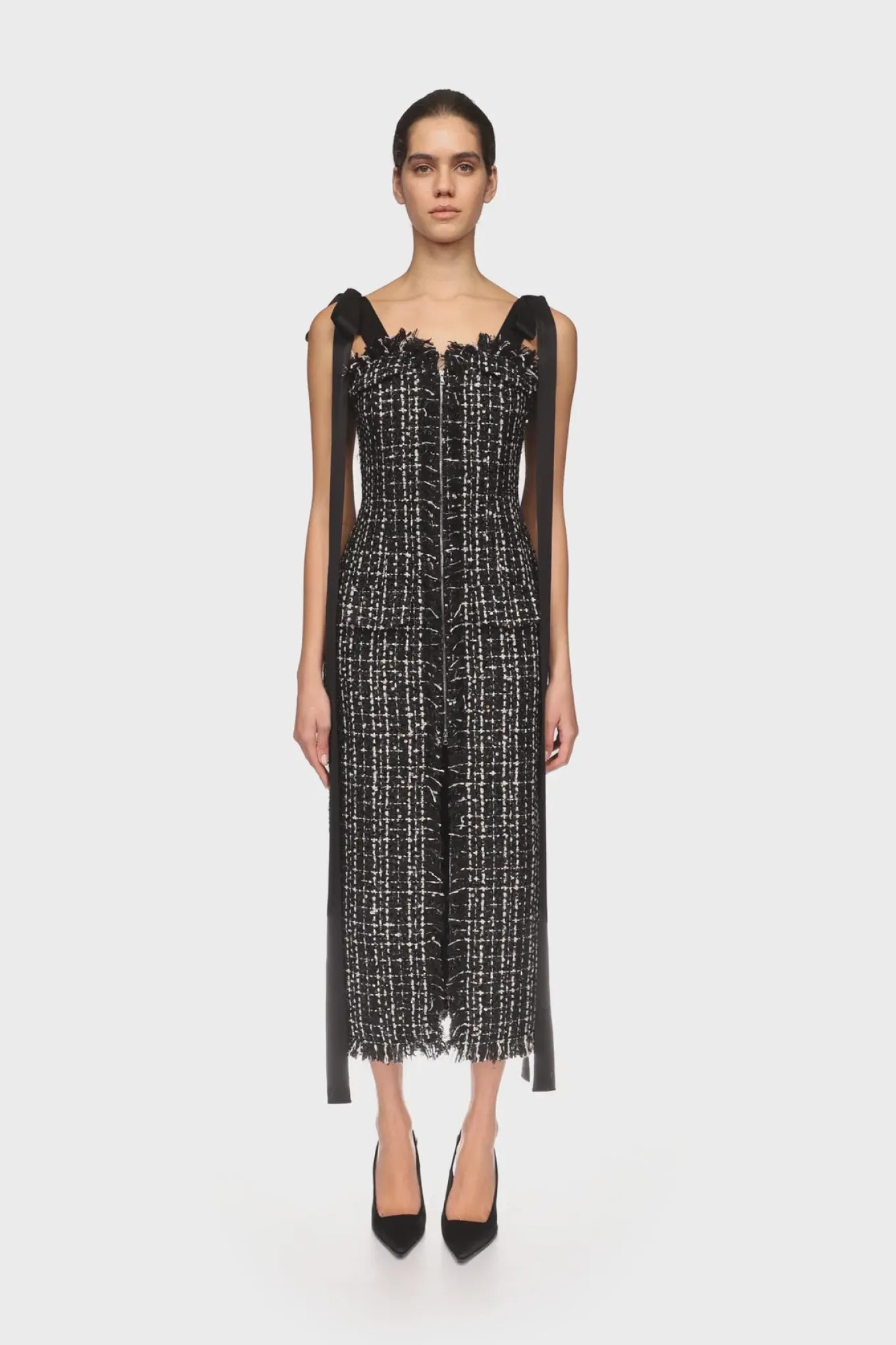 SATIN BOW AND TWEED MIDI DRESS