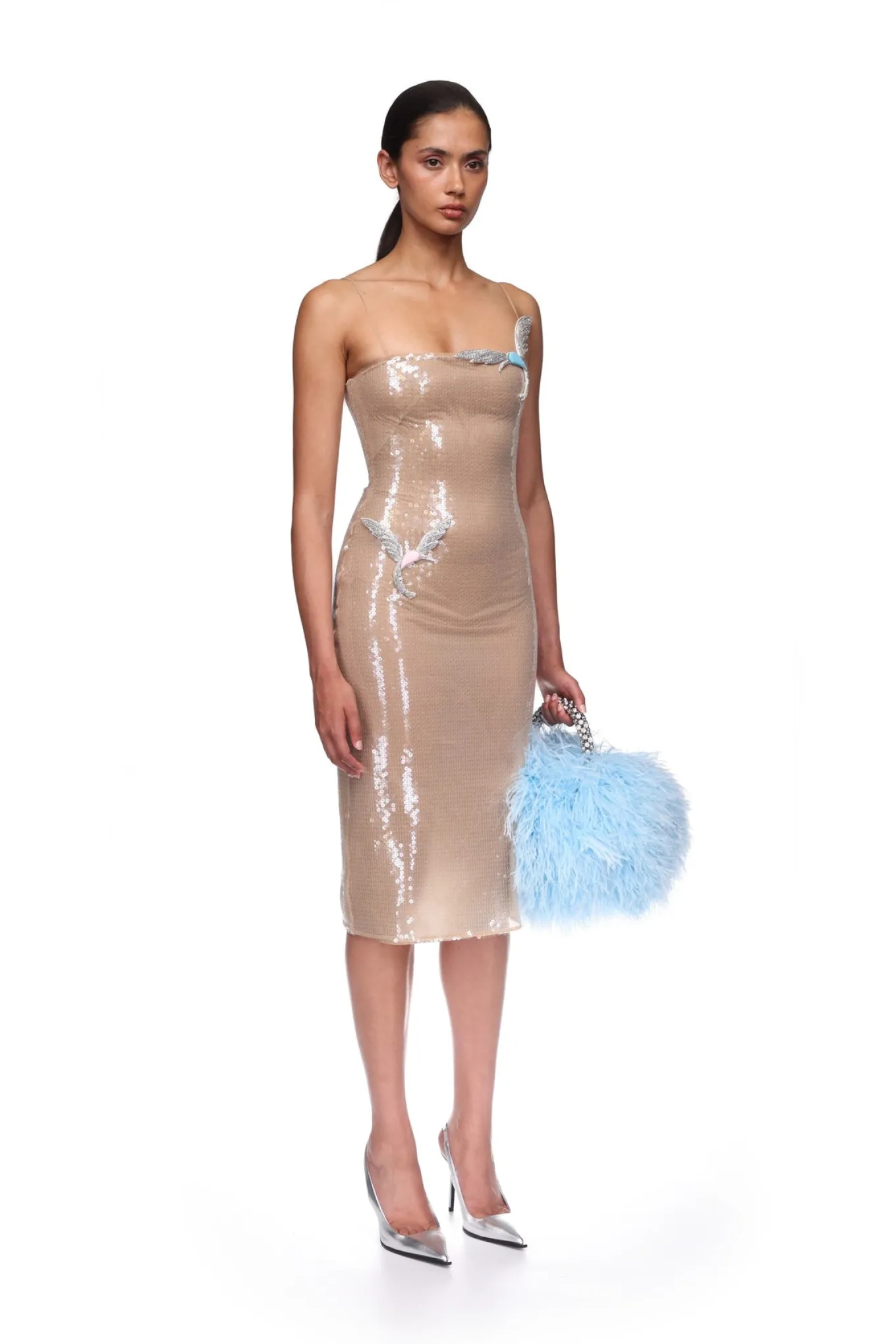 SEQUIN MIDI DRESS WITH CRYSTAL HUMMINGBIRDS