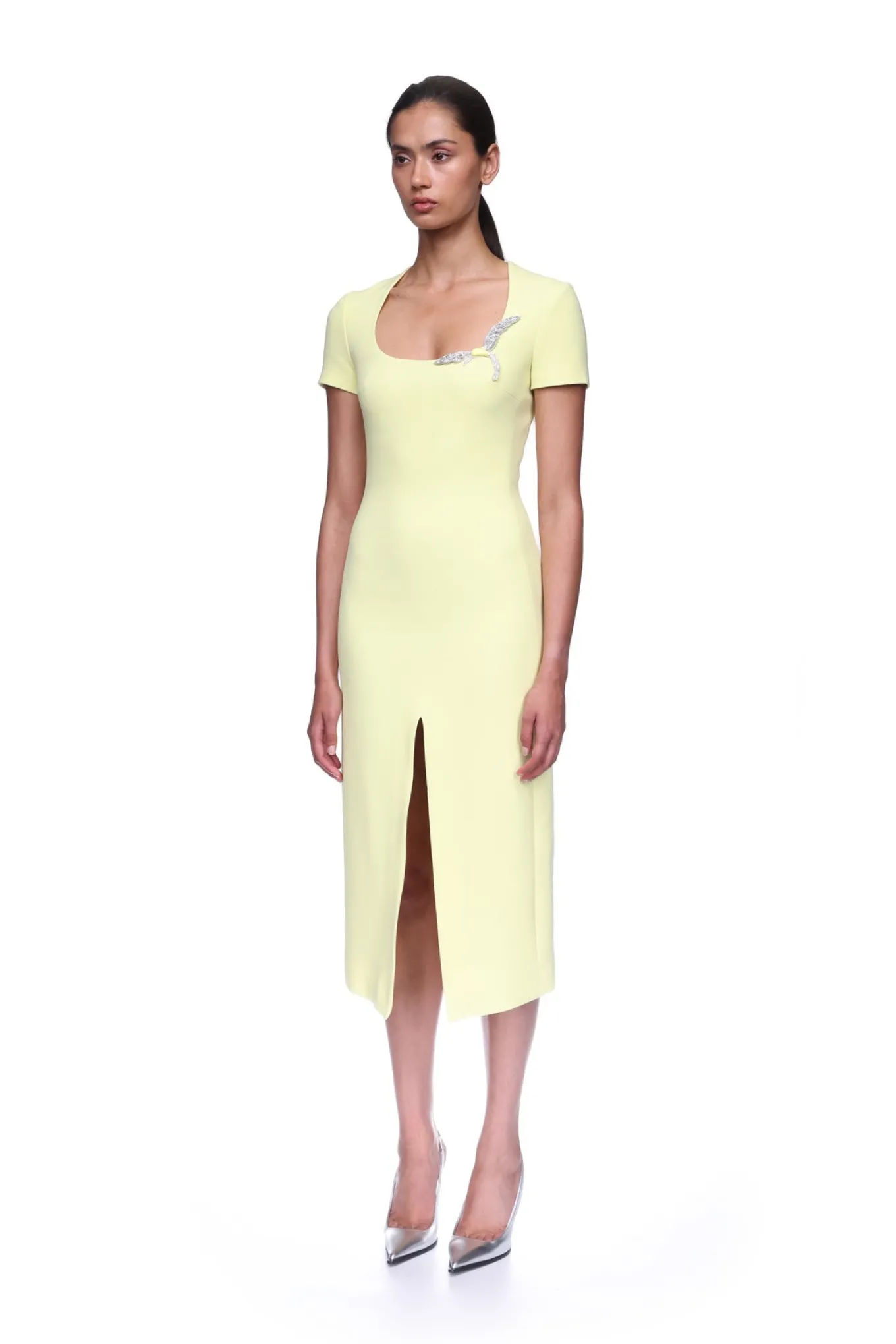 SHORT SLEEVE CRYSTAL HUMMINGBIRD MIDI DRESS