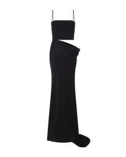 TULLE INSERT AND SATIN DRAPE GOWN