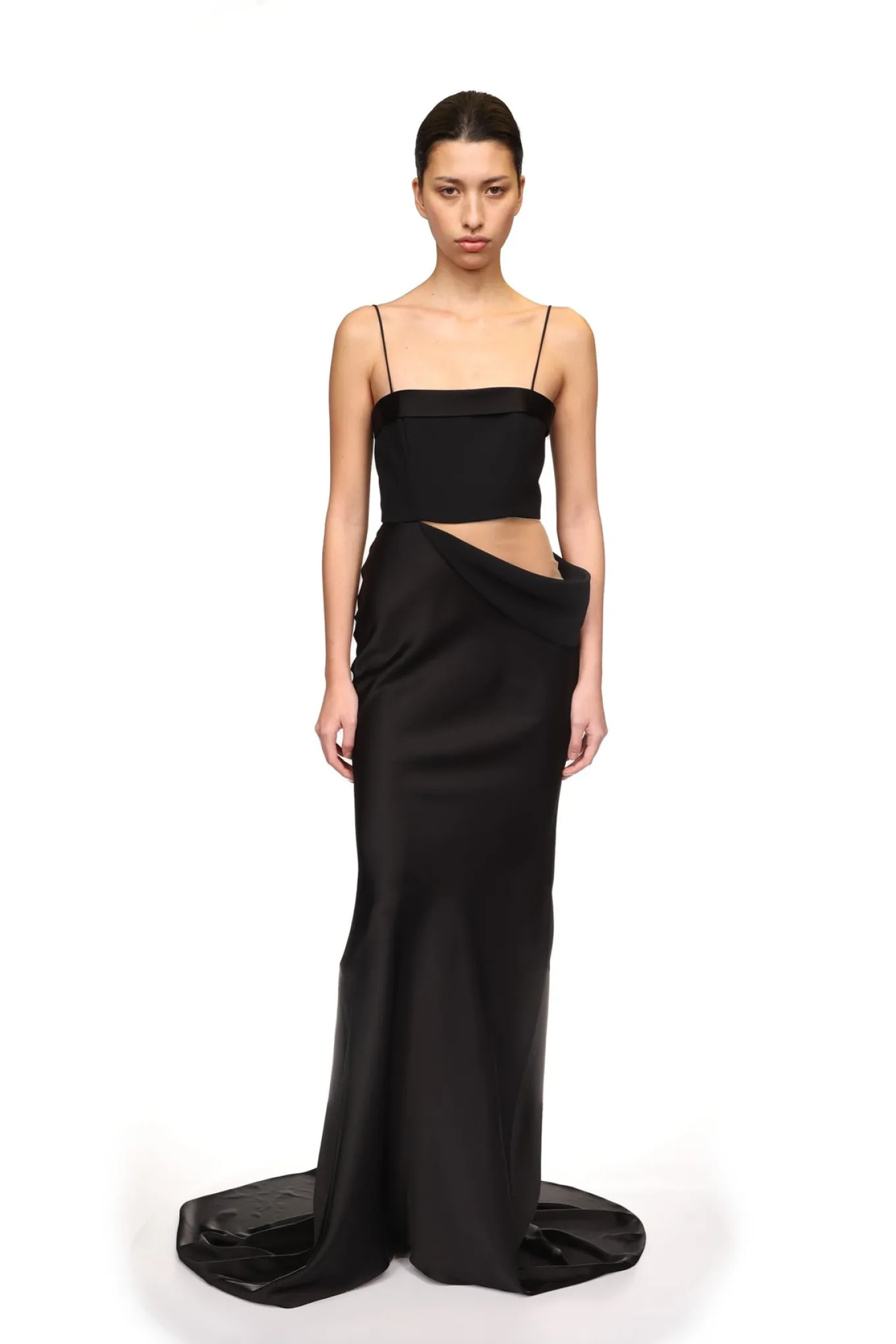 TULLE INSERT AND SATIN DRAPE GOWN