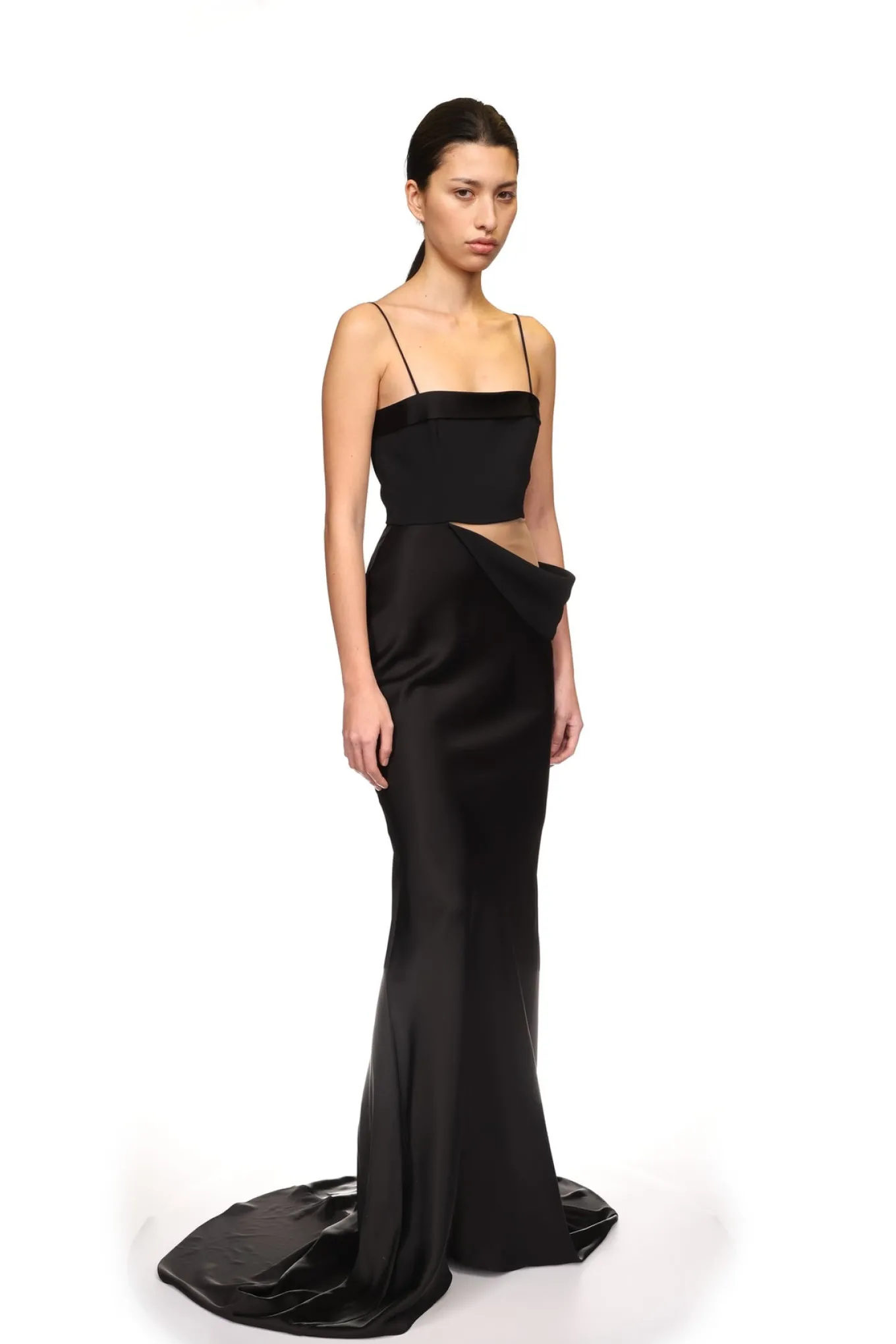 TULLE INSERT AND SATIN DRAPE GOWN