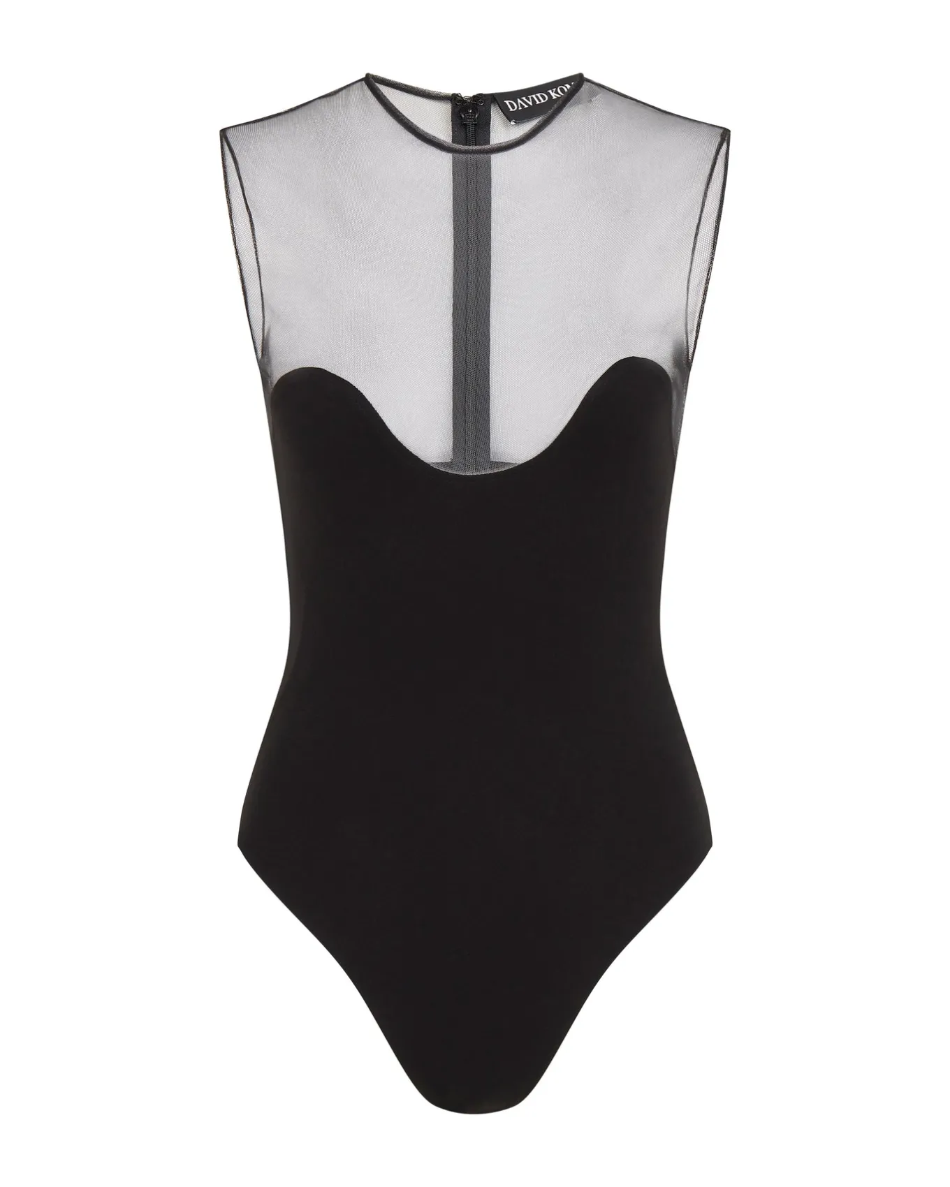 WAVE NECKLINE AND TULLE BODYSUIT IN BLACK