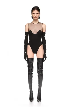 WAVE NECKLINE AND TULLE BODYSUIT IN BLACK