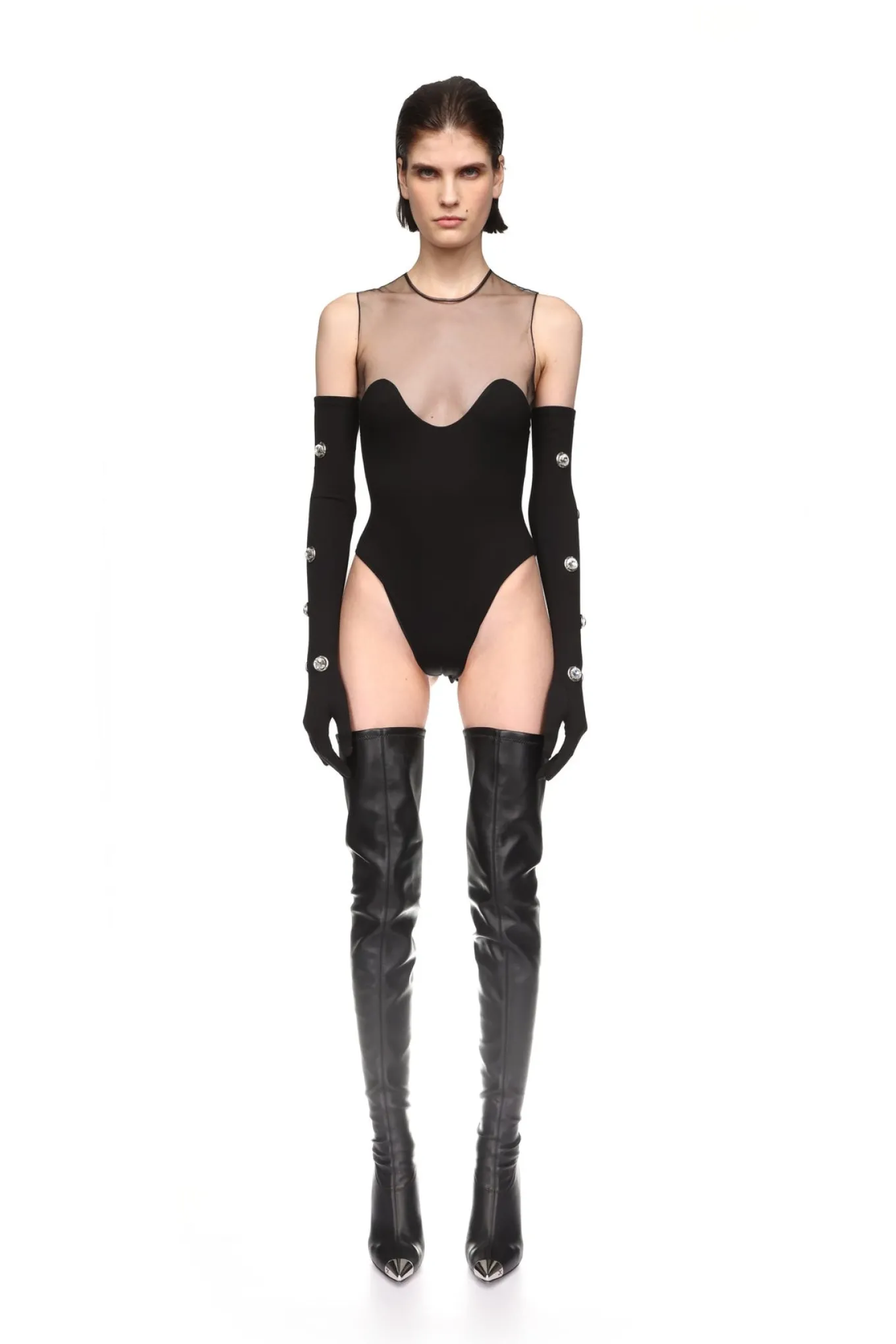 WAVE NECKLINE AND TULLE BODYSUIT IN BLACK