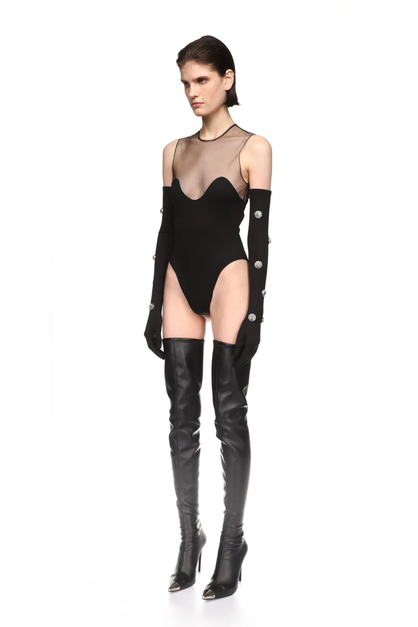 WAVE NECKLINE AND TULLE BODYSUIT IN BLACK