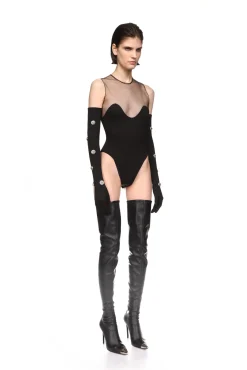 WAVE NECKLINE AND TULLE BODYSUIT IN BLACK