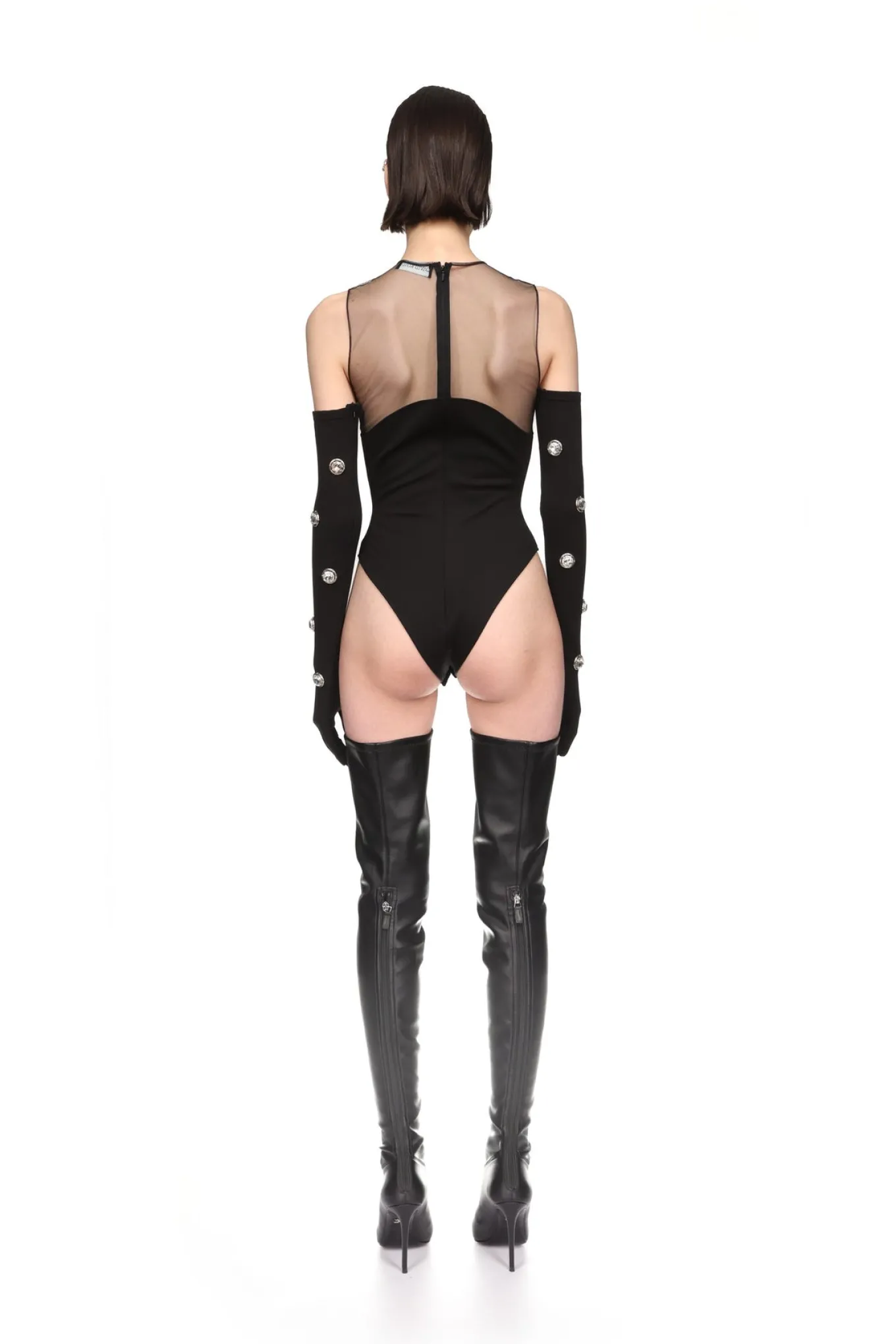 WAVE NECKLINE AND TULLE BODYSUIT IN BLACK