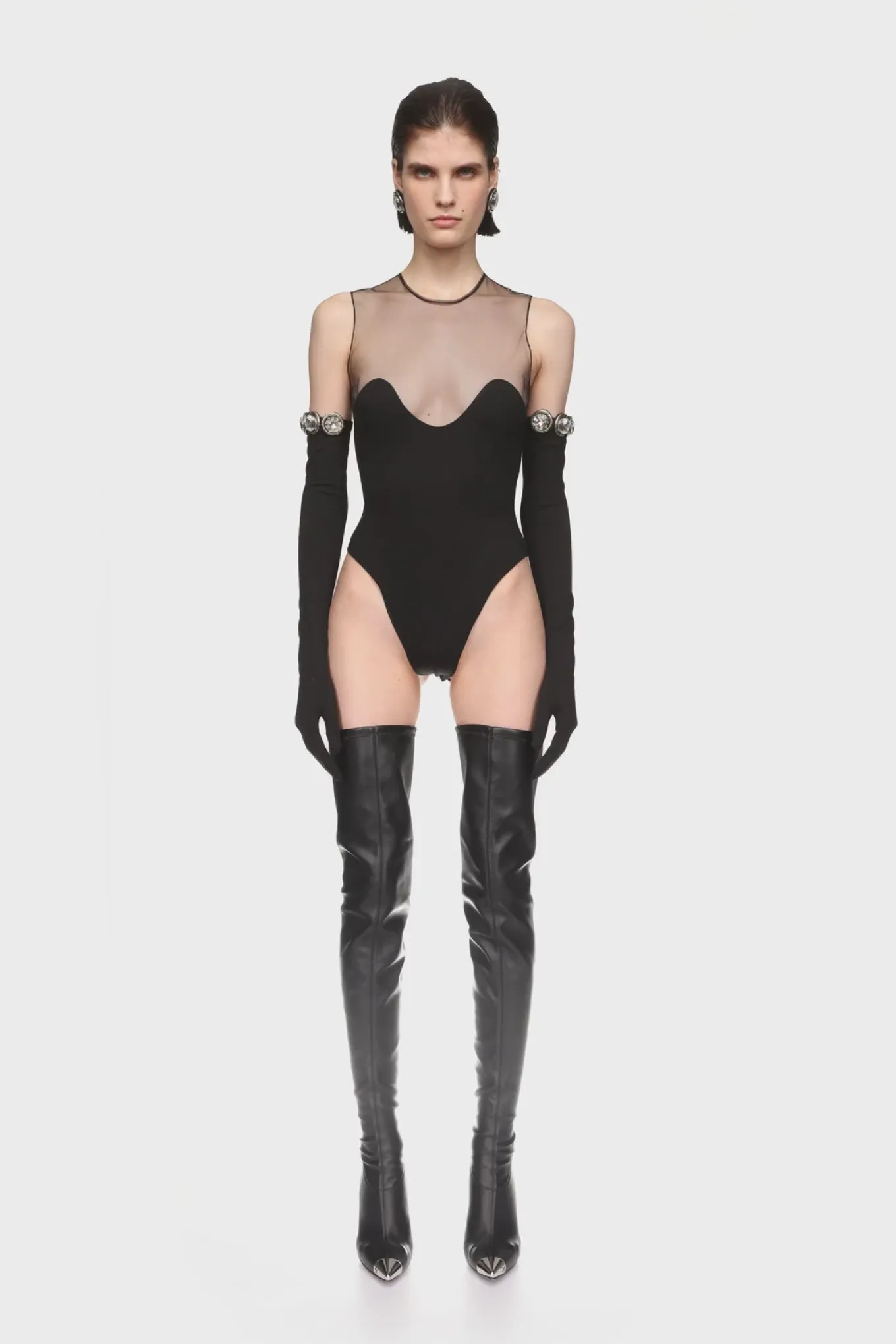 WAVE NECKLINE AND TULLE BODYSUIT IN BLACK