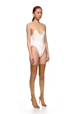 WAVE NECKLINE TULLE INSERT BODYSUIT IN WHITE