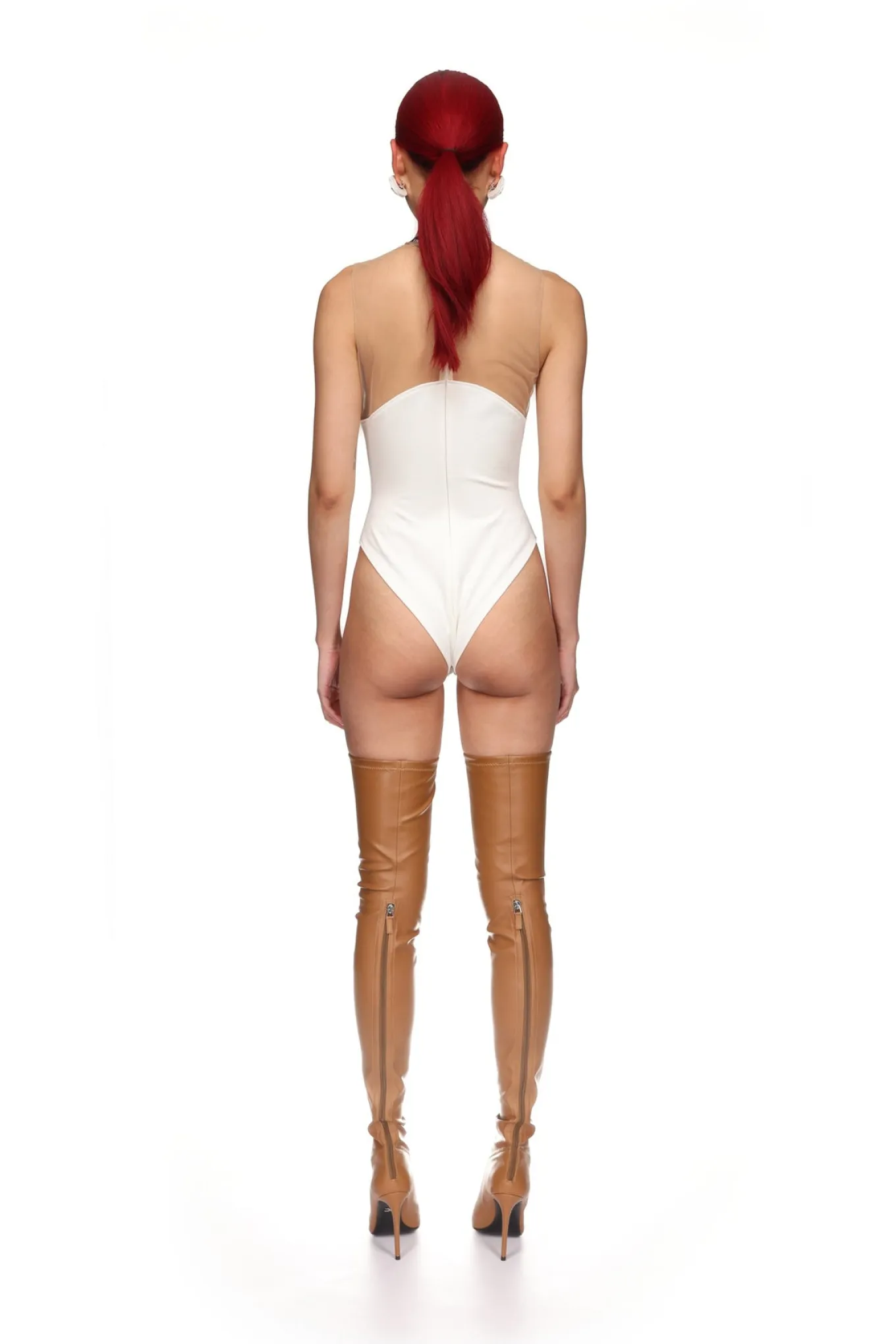 WAVE NECKLINE TULLE INSERT BODYSUIT IN WHITE