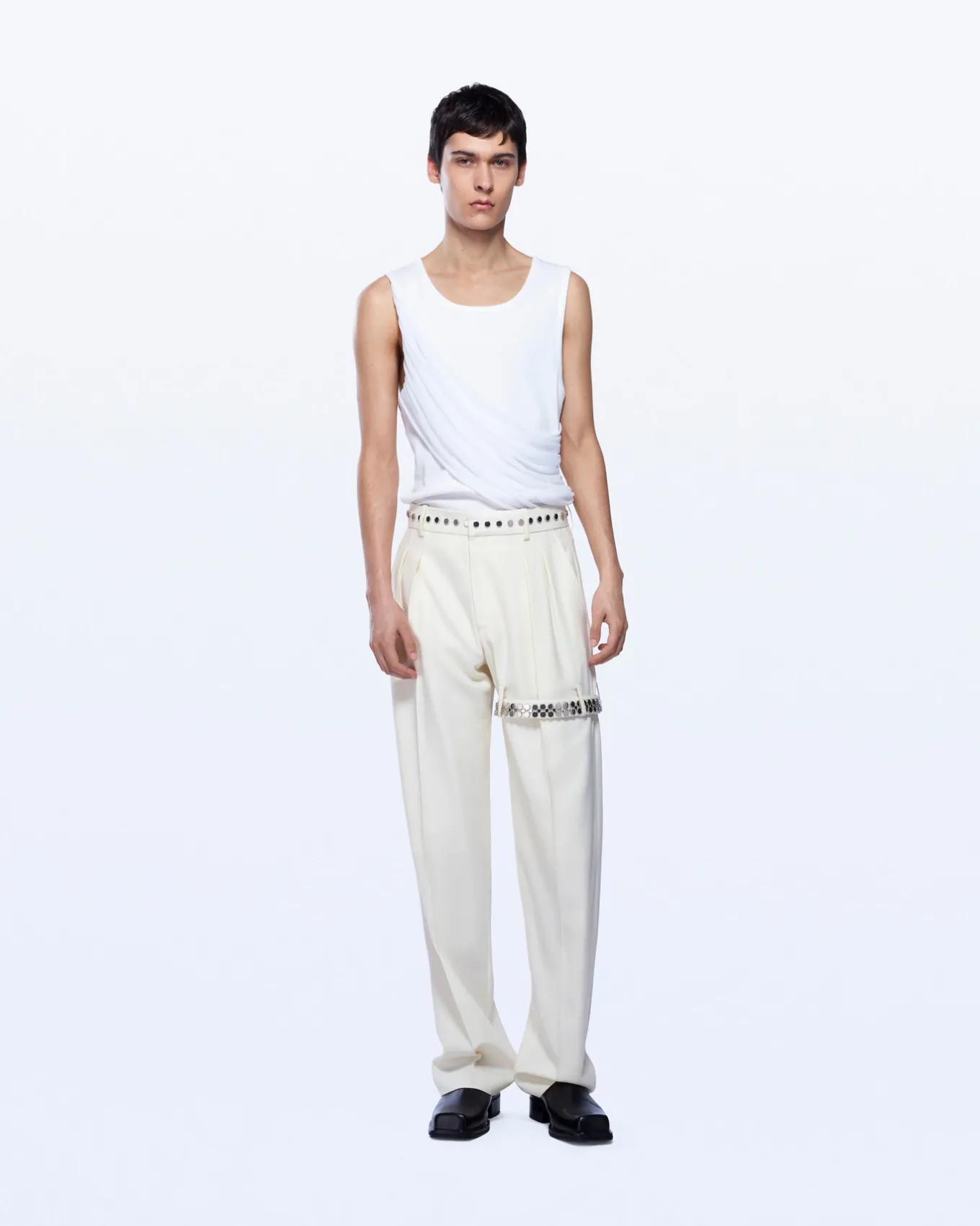WIDE LEG BOUCLE TROUSERS WITH GARTER